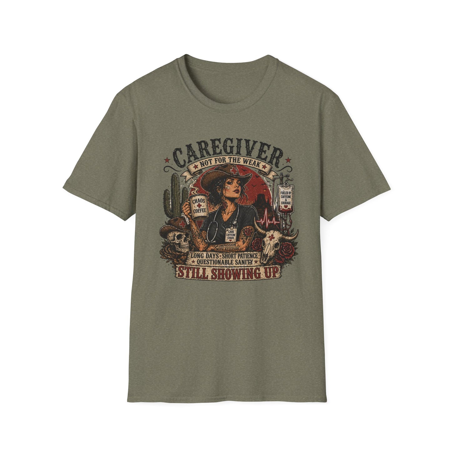 Caregiver Cowboy T-Shirt — "Caregiver: Still Showing Up" Graphic Tee