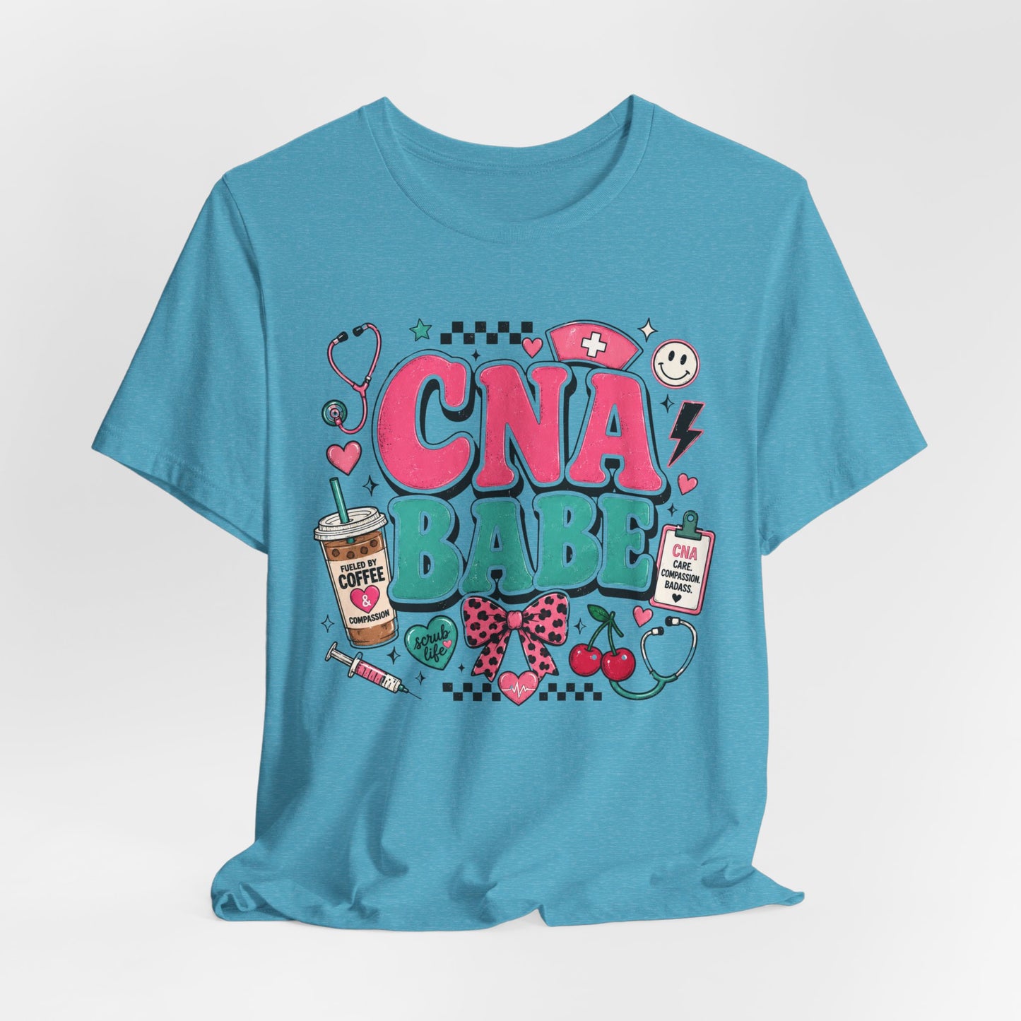CNA Babe Graphic Tee - Cute Nurse Aide Shirt with Stethoscope, Syringe & Coffee Design