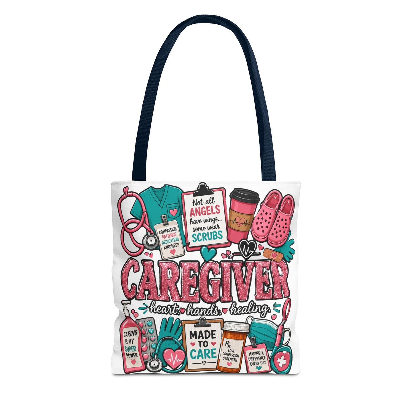 Caregiver Tote Bag — Heart Hands Healing Medical Staff Gift (Scrubs, Stethoscope)