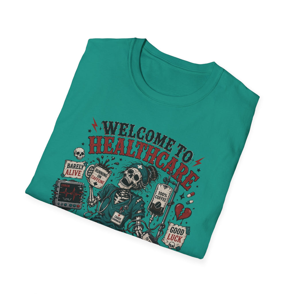 T-Shirt — “Welcome to Healthcare: Where Sleep Is Optional Skull Graphic Tee