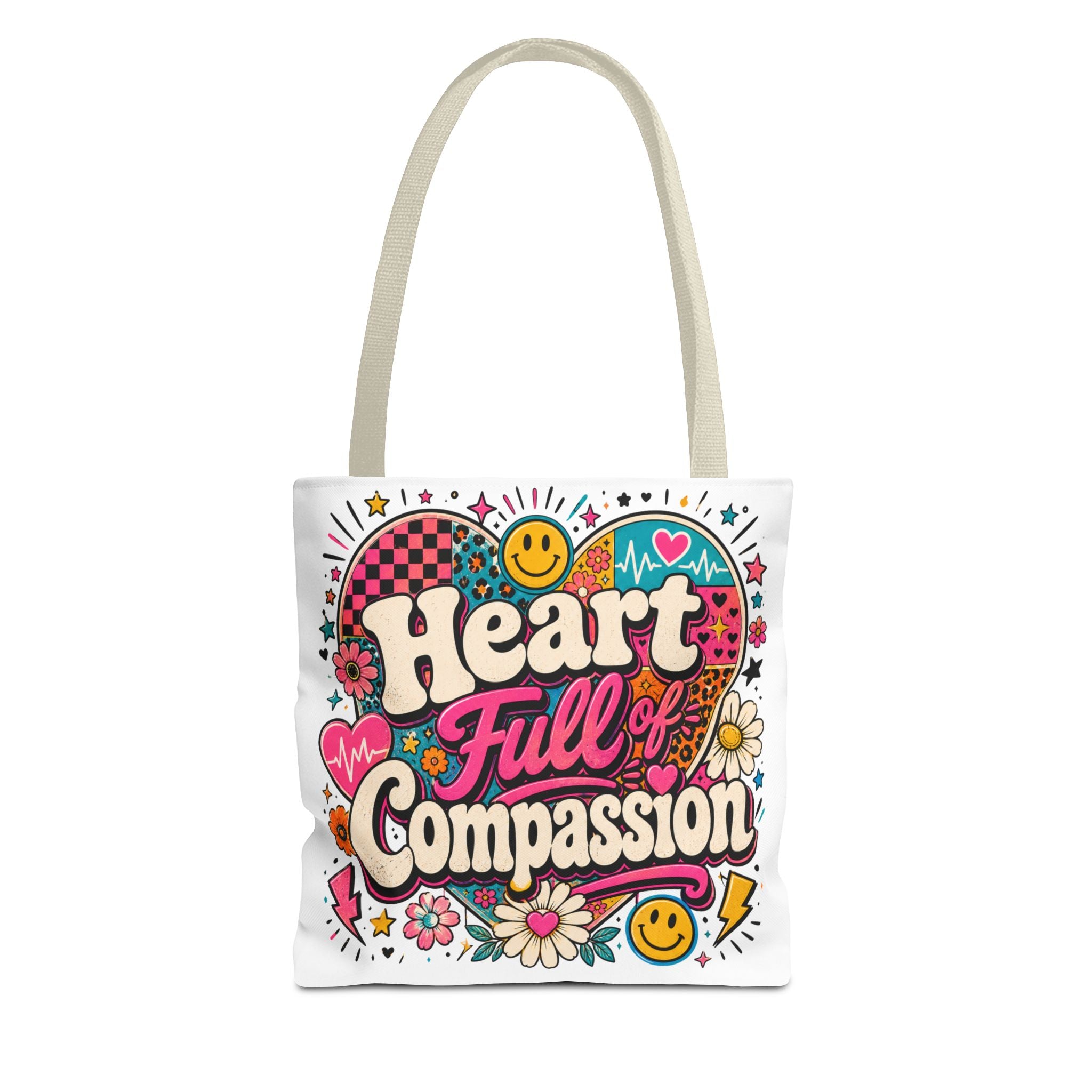 Compassion Heart Tote Bag — "Heart Full of Compassion" Colorful Floral Everyday Tote