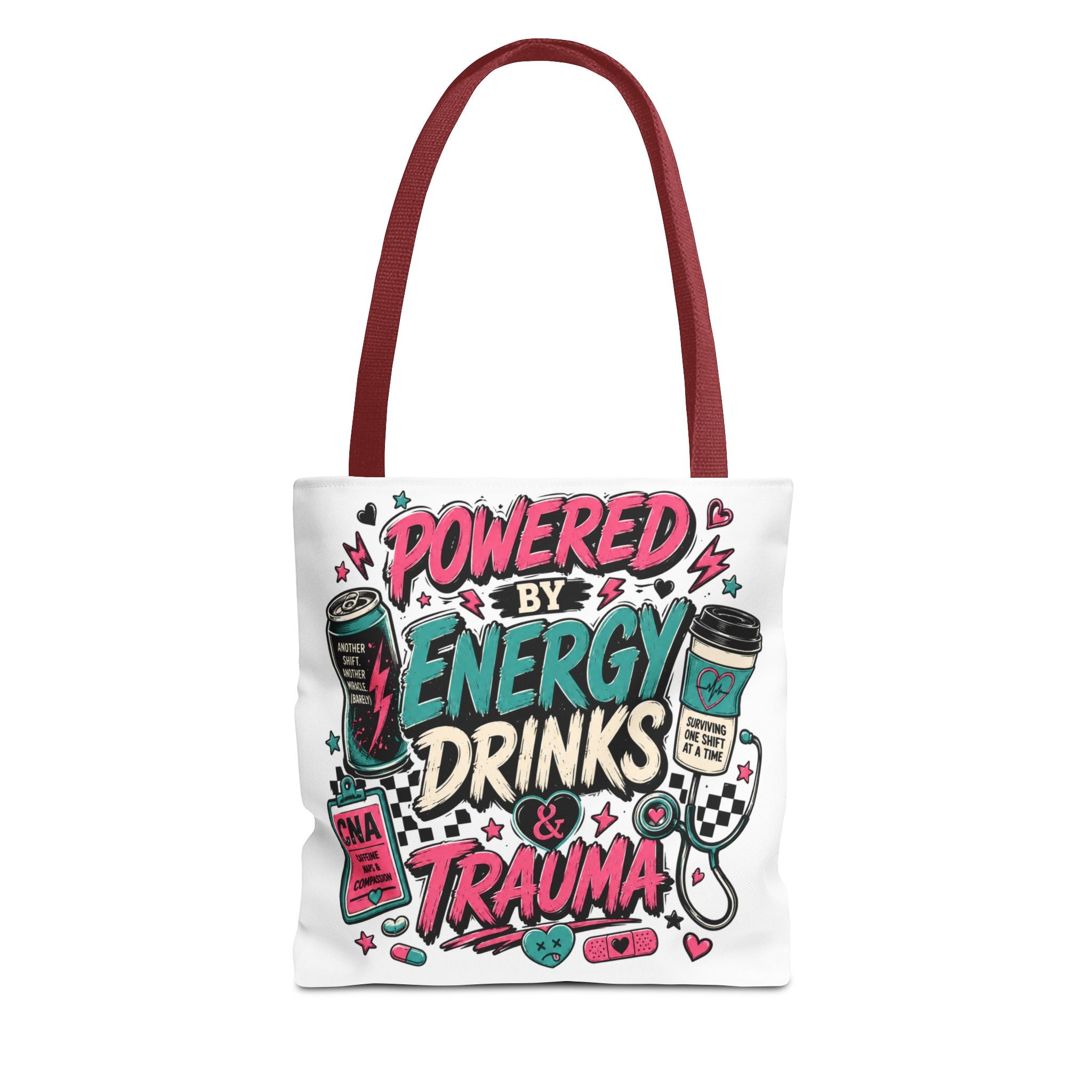 Tote Bag — "Powered by Energy Drinks & Trauma" Graphic Tote for Students, Gamers & Night Owls